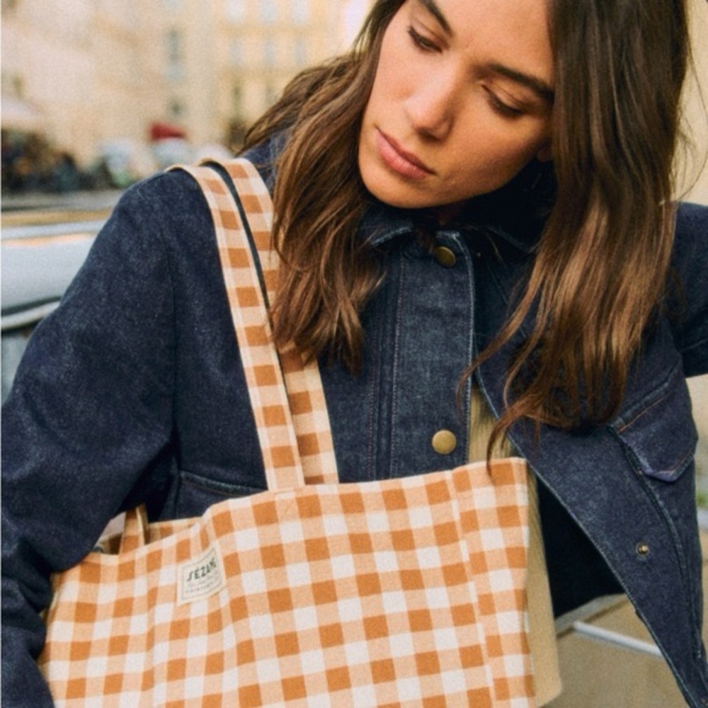 Sezane Gingham Checkered Brown / Orange and White Tote